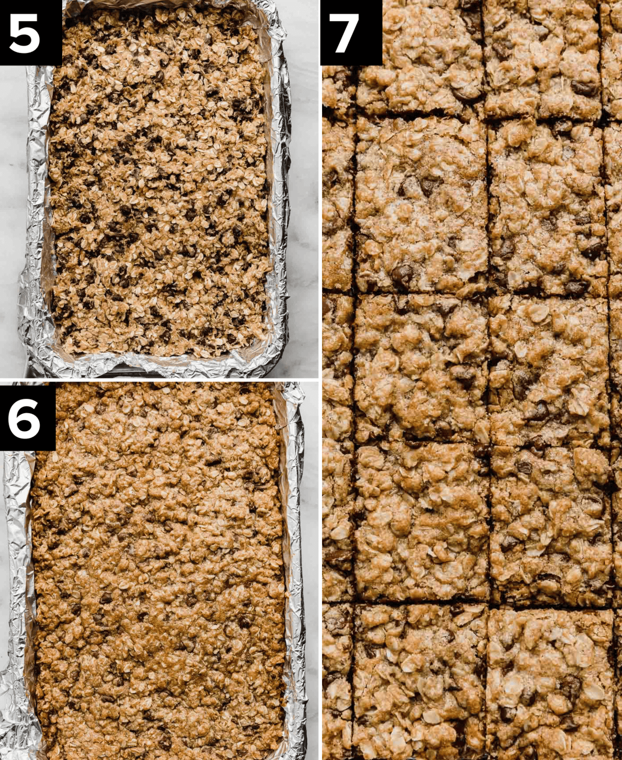 Oatmeal chocolate chip cookie bar dough in a rectangular baking dish, then another image showing it baked, and the far right photo has the oatmeal cookie bars cut into squares.