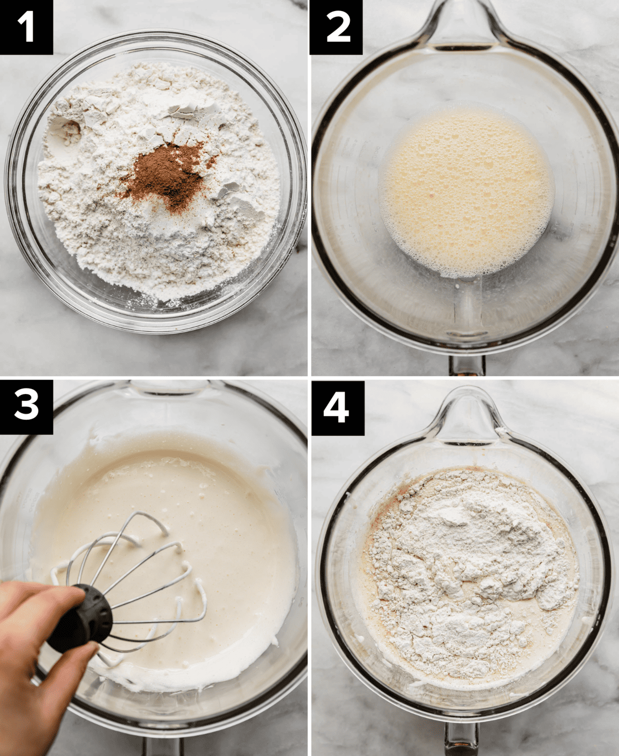 Four photos showing the making of authentic tres leches cake batter with cinnamon in a glass bowl.