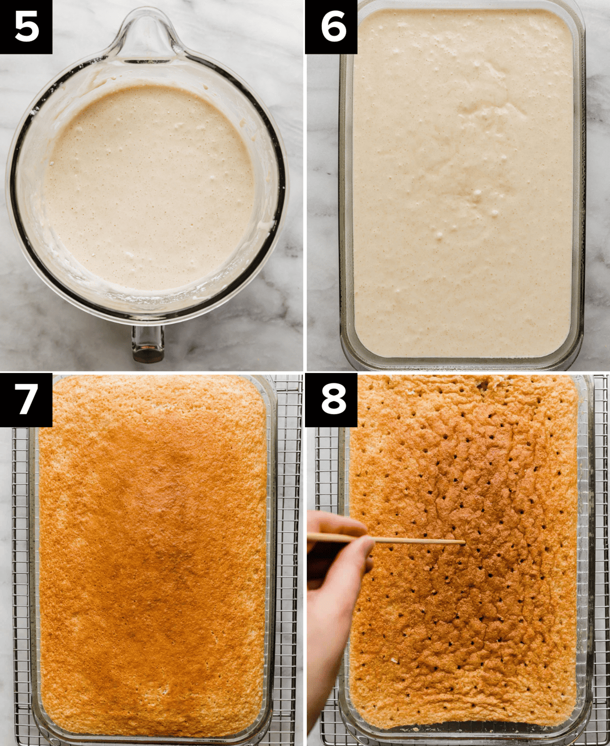 Four photos showing the best Tres Leches Cake batter in a glass bowl, then it in a baking dish, and then baked, and a skewer poking holes around the entire cake.