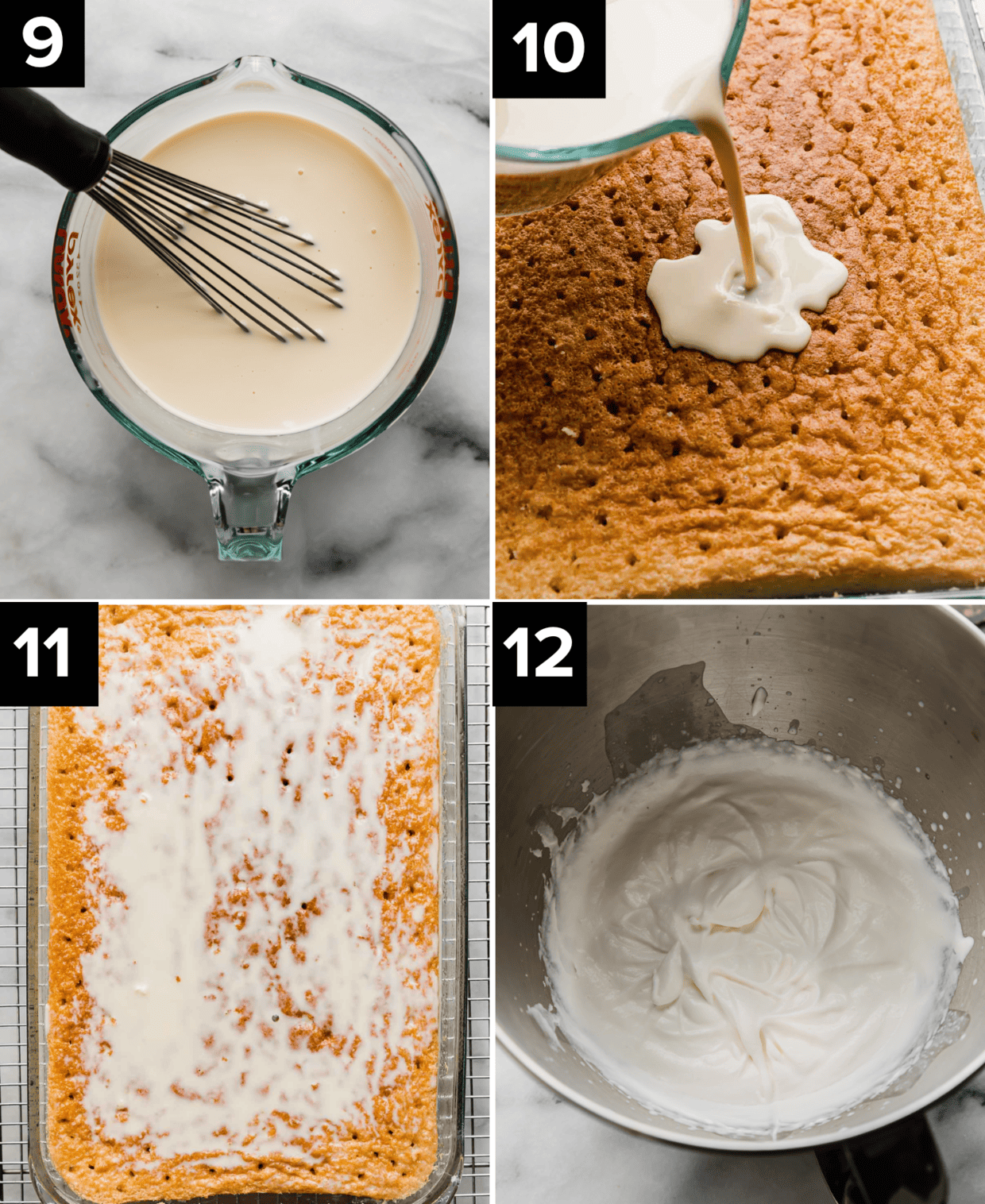 How to make an authentic Mexican tres leches cake, four photos, top left is a three milk mixture in glass cup, top right is a milk mixture being poured over the milk cake, bottom left photo is the cake soaking up the milk mixture, bottom right is whipped cream in a metal bowl.