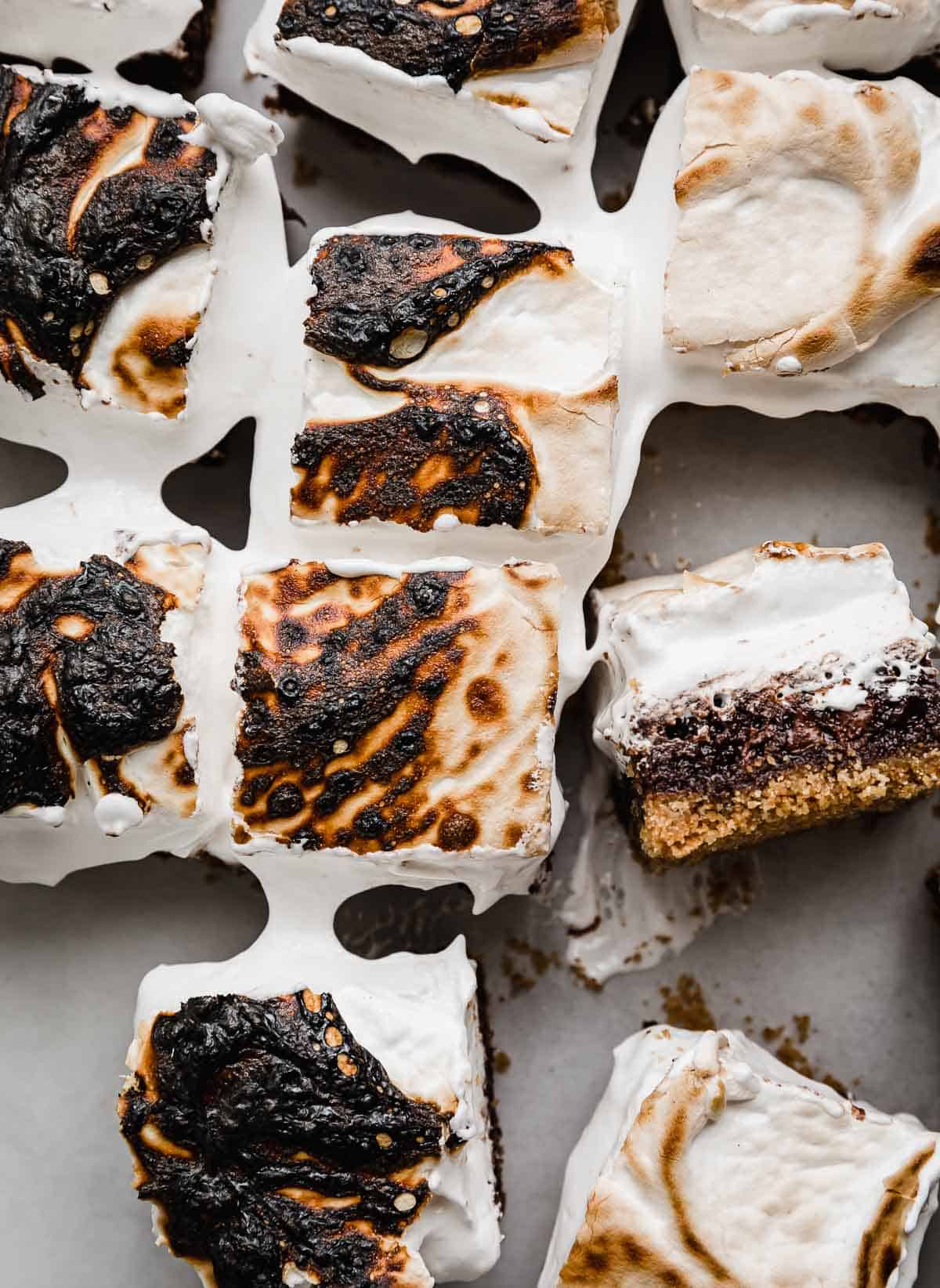 Overhead photo of toasted S'mores Brownies cut into squares on a white surface.