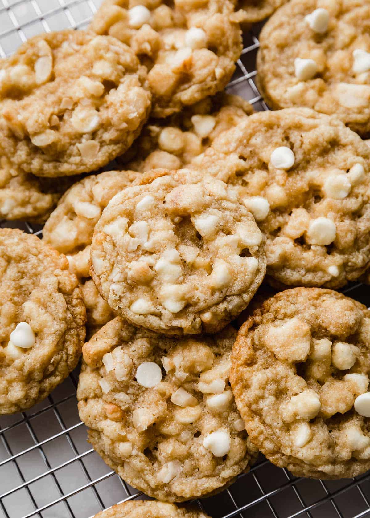 White Chocolate Macadamia Nut Cookies on a cooling rack.