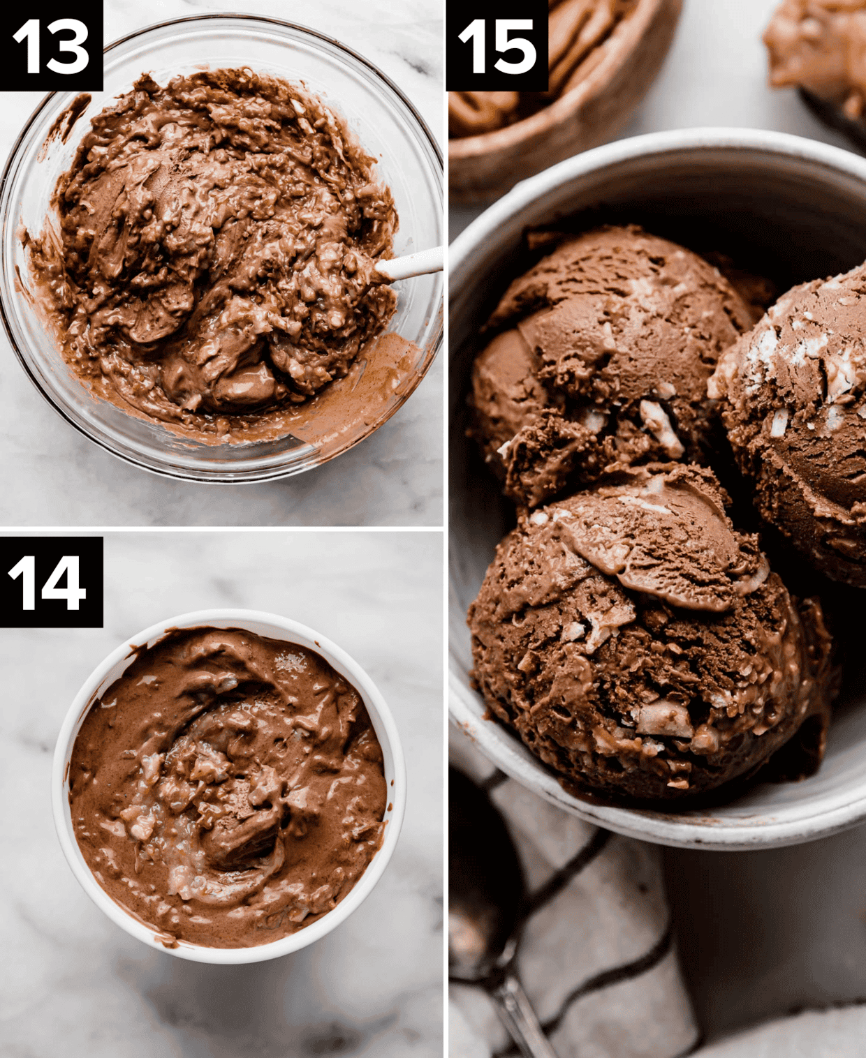 Three photos, top left is coconut pecan frosting stirred into chocolate ice cream, bottom left photo is German Chocolate Ice Cream in a white round freezer container, right photo is round scoops of German Chocolate Ice Cream in a white bowl.