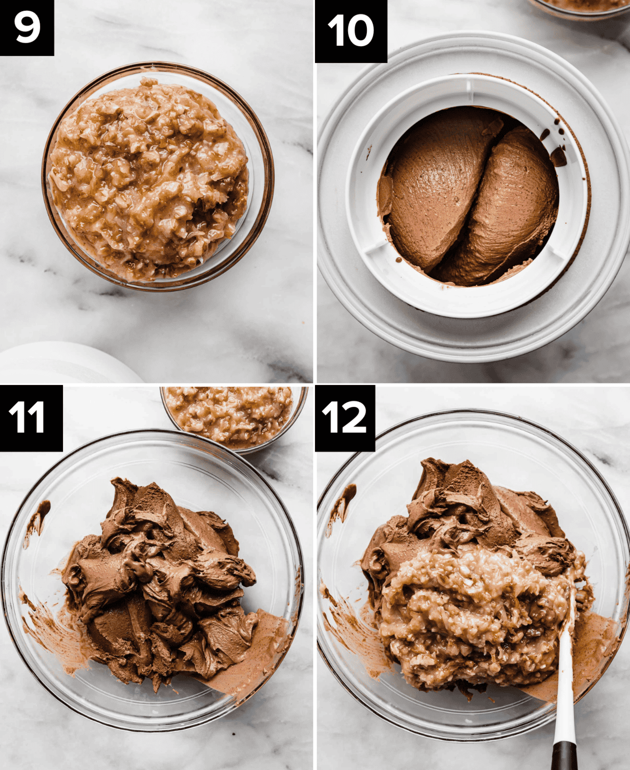Top left photo is coconut pecan frosting in a glass bowl, top right photo is German Chocolate ice cream churning in an ice cream maker, bottom left photo is churned chocolate ice cream in a glass bowl, bottom right photo is coconut pecan frosting on dark chocolate ice cream.