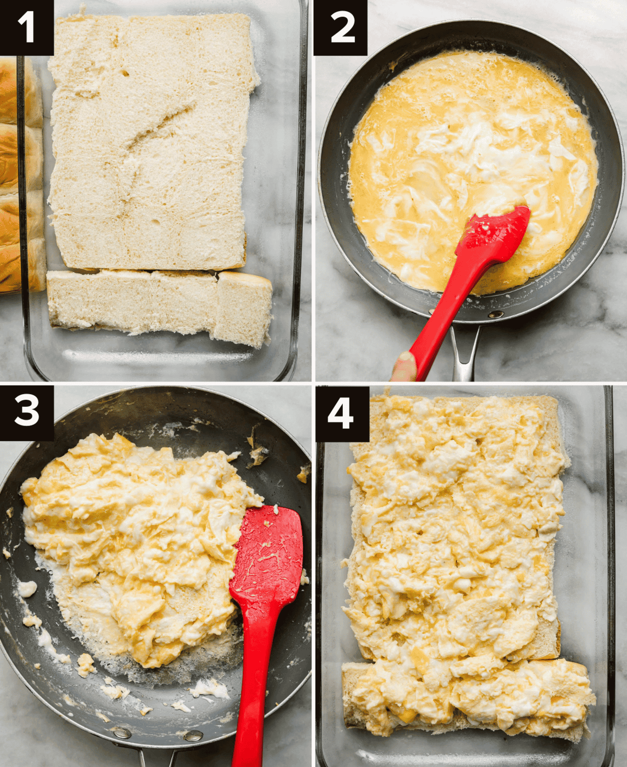 Four photos showing how to make the best Breakfast Sliders recipe: top left photo is Hawaiian rolls cut in half in a baking pan, top right is eggs in a pan, bottom left is scrambled eggs in a pan, bottom right photo is scrambled eggs atop rolls.