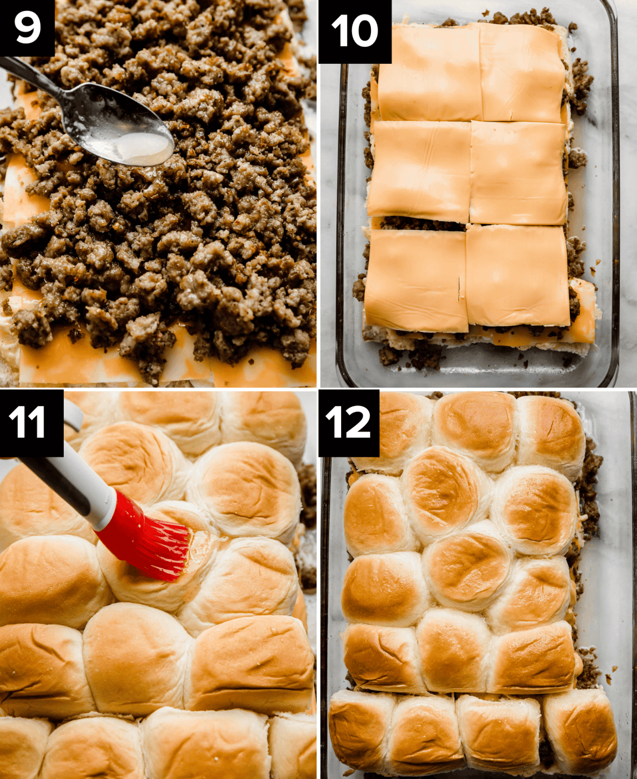 Four pictures showing how to make Hawaiian Roll Breakfast Sliders recipe, with maple syrup drizzled over sausage, cheese atop the sausage and then the roll tops placed over the cheese.