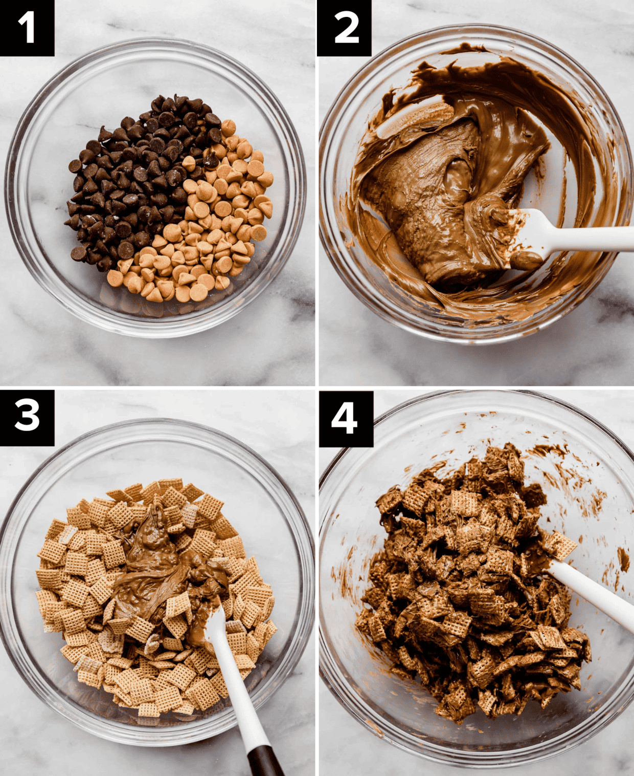 Four photos showing how to make Scotcheroo puppy chow (Butterscotch Puppy Chow) top left is chocolate chips and butterscotch chips in a glass bowl, top right is melted chocolate in glass bowl, bottom left is melted chocolate over top Chex cereal in a glass bowl, bottom right is butterscotch and chocolate coated Chex cereal in a glass bowl.