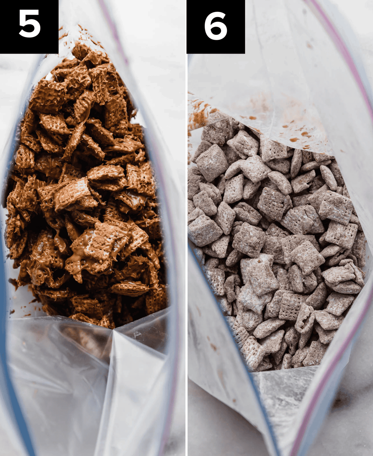 Two photos side by side, left photo is melted chocolate and butterscotch (scotcheroo flavors) covered Chex cereal in a ziplock bag, right photo is powdered sugar coated Butterscotch Puppy Chow.