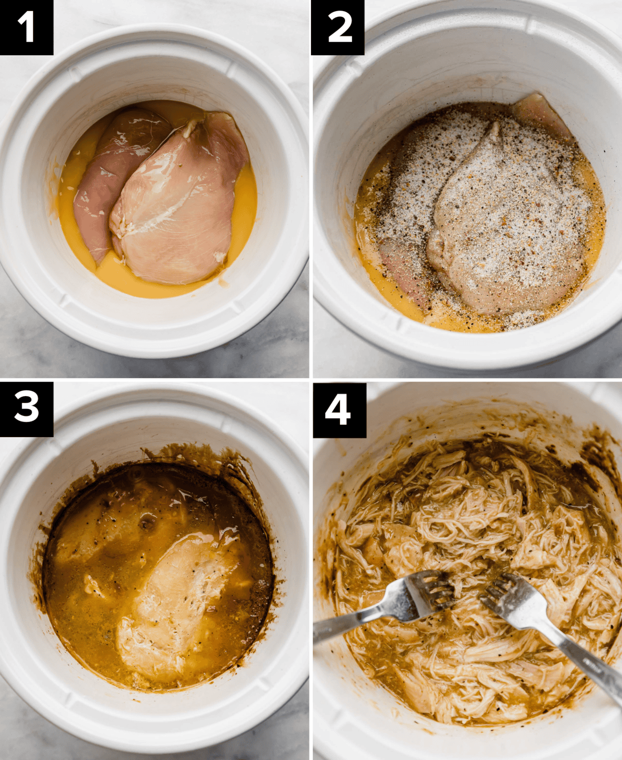Four photos showing how to make Hawaiian Haystacks in the crockpot, first image is raw chicken in cream of chicken, then Good seasons mix overtop, then cooked, and then shredded chicken in the crockpot.