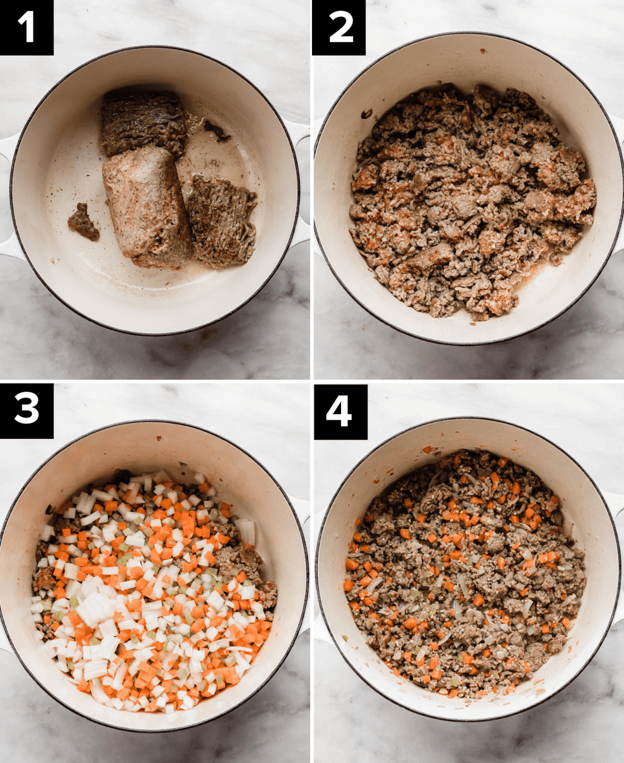 Four photos showing how to make Italian Sausage Ragu, beginning with browning the sausage and adding the soffrito.