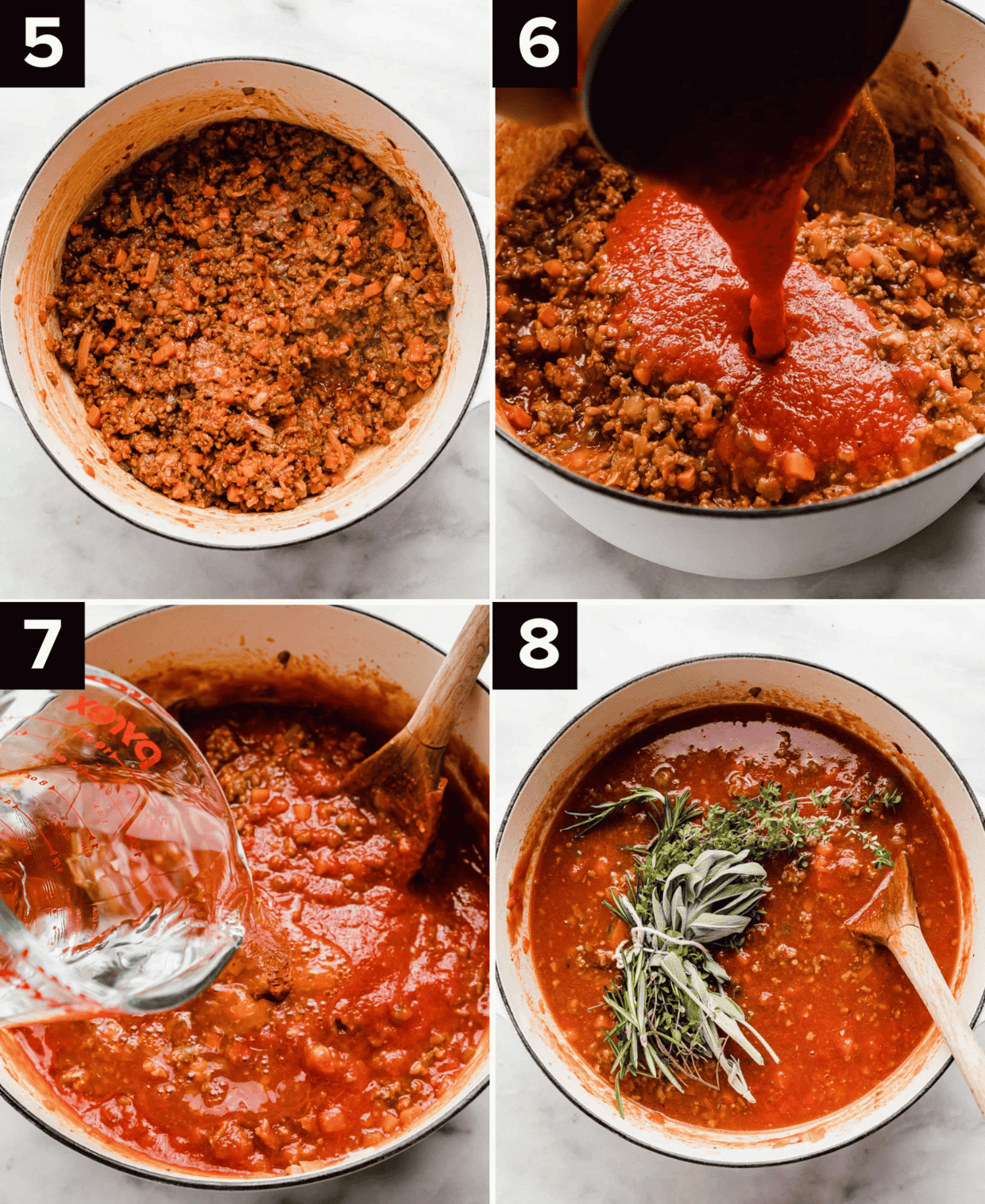 Four photos showing crushed tomatoes and water with fresh herbs added to a Sausage Ragu recipe.