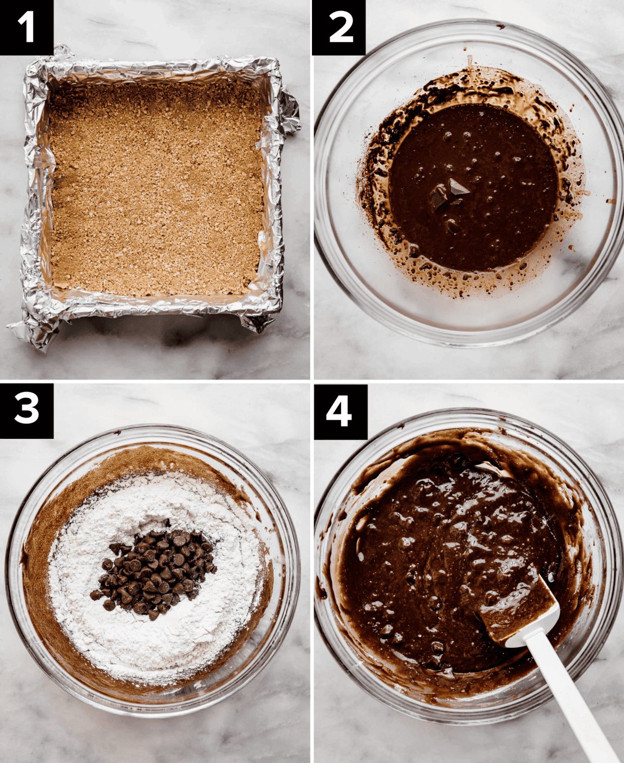 Top left photo is graham cracker crust in a square pan, top right is melted chocolate mixture in glass bowl, bottom left is brownie batter with flour poured overtop, bottom right photo is homemade brownie batter in a glass bowl.