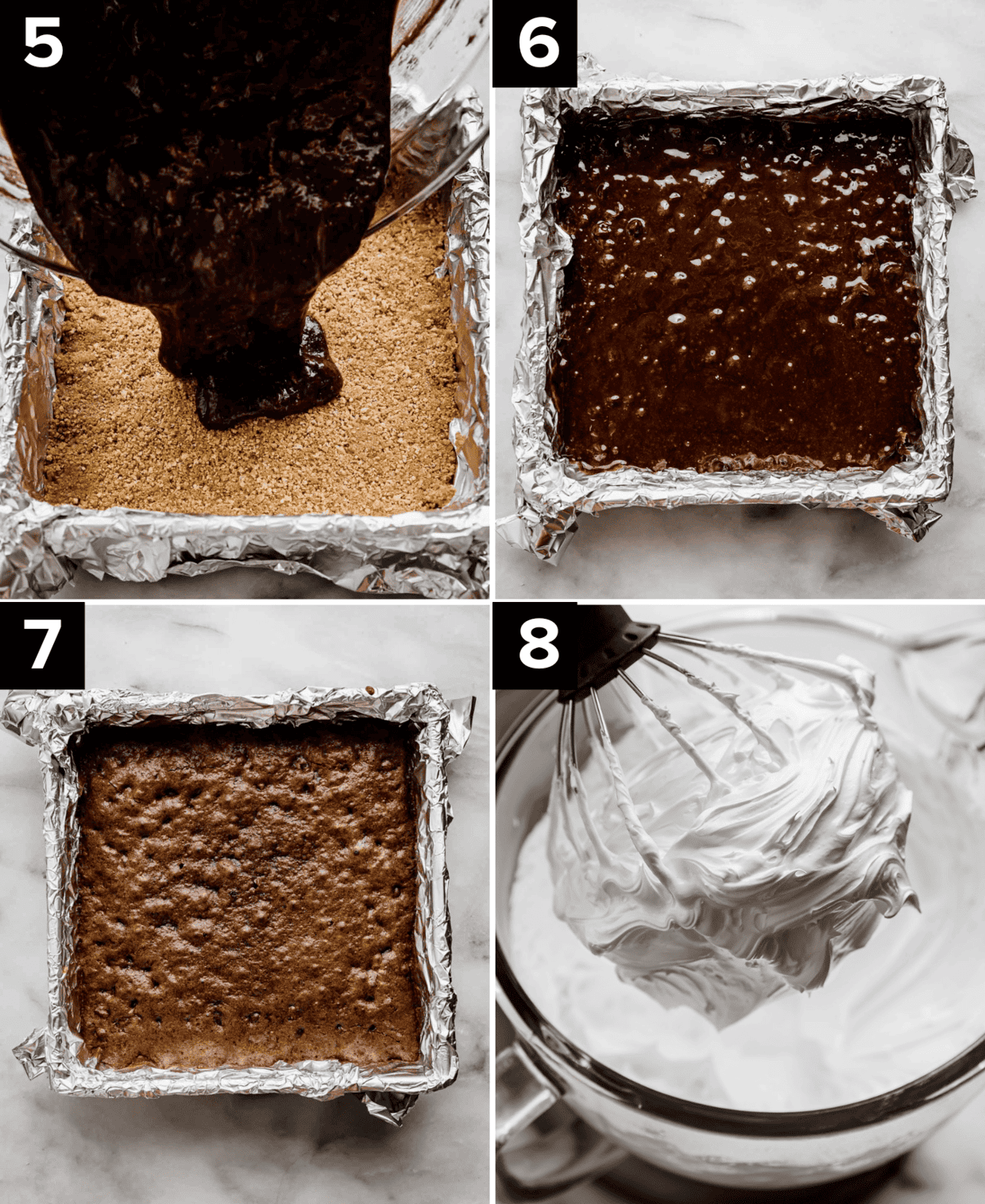 Four photos showing how to make S'mores Brownies: top left is brownie batter poured over a graham cracker crust, top right is brownie batter in a square pan, bottom left is baked brownies in a square pan, homemade marshmallow cream in a bowl.