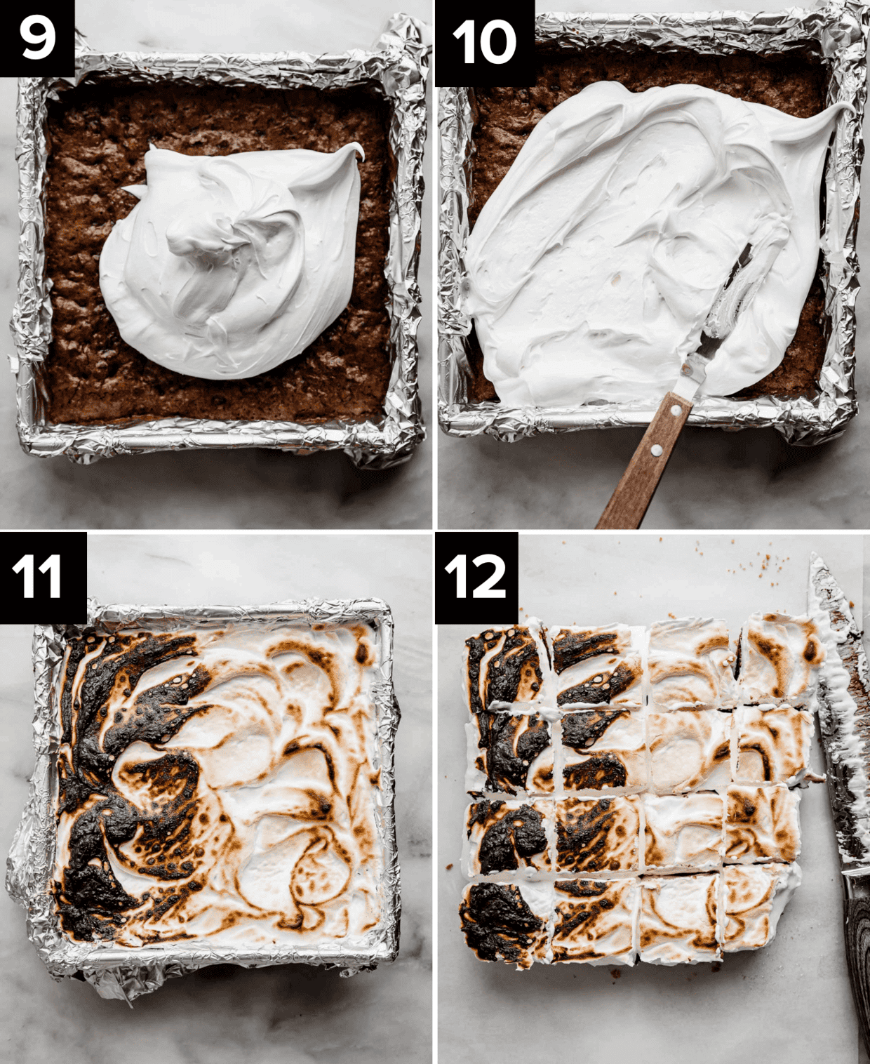 Four photos showing how to make S'mores Brownies: top left is baked brownies in a square pan with homemade marshmallow fluff on top, top right is a spatula spreading marshmallow fluff on top of baked brownies, bottom left and right images are S'mores Brownies with toasted marshmallow cream topping. 