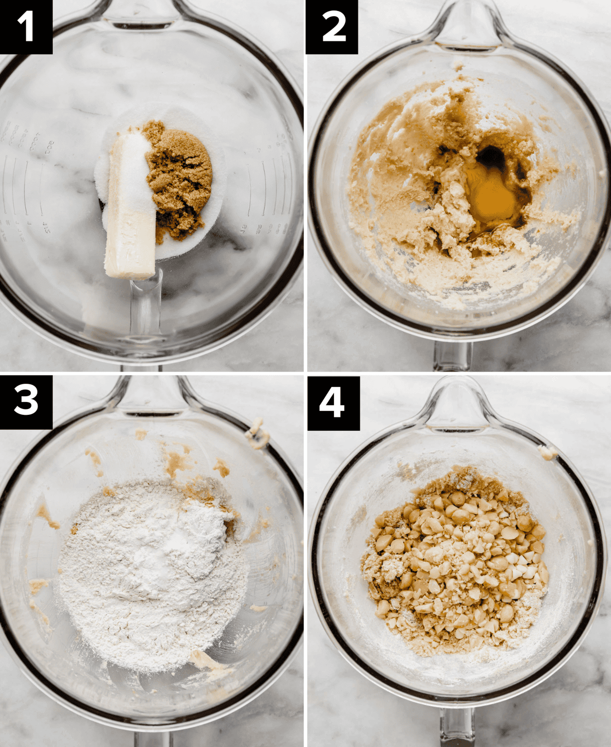 Four photos showing the process of how to make White Chocolate Macadamia Nut Cookies, each photo has a glass mixing bowl and ingredients are added in each photo: butter and sugar, egg and vanilla, flour, macadamia nuts and white chocolate.