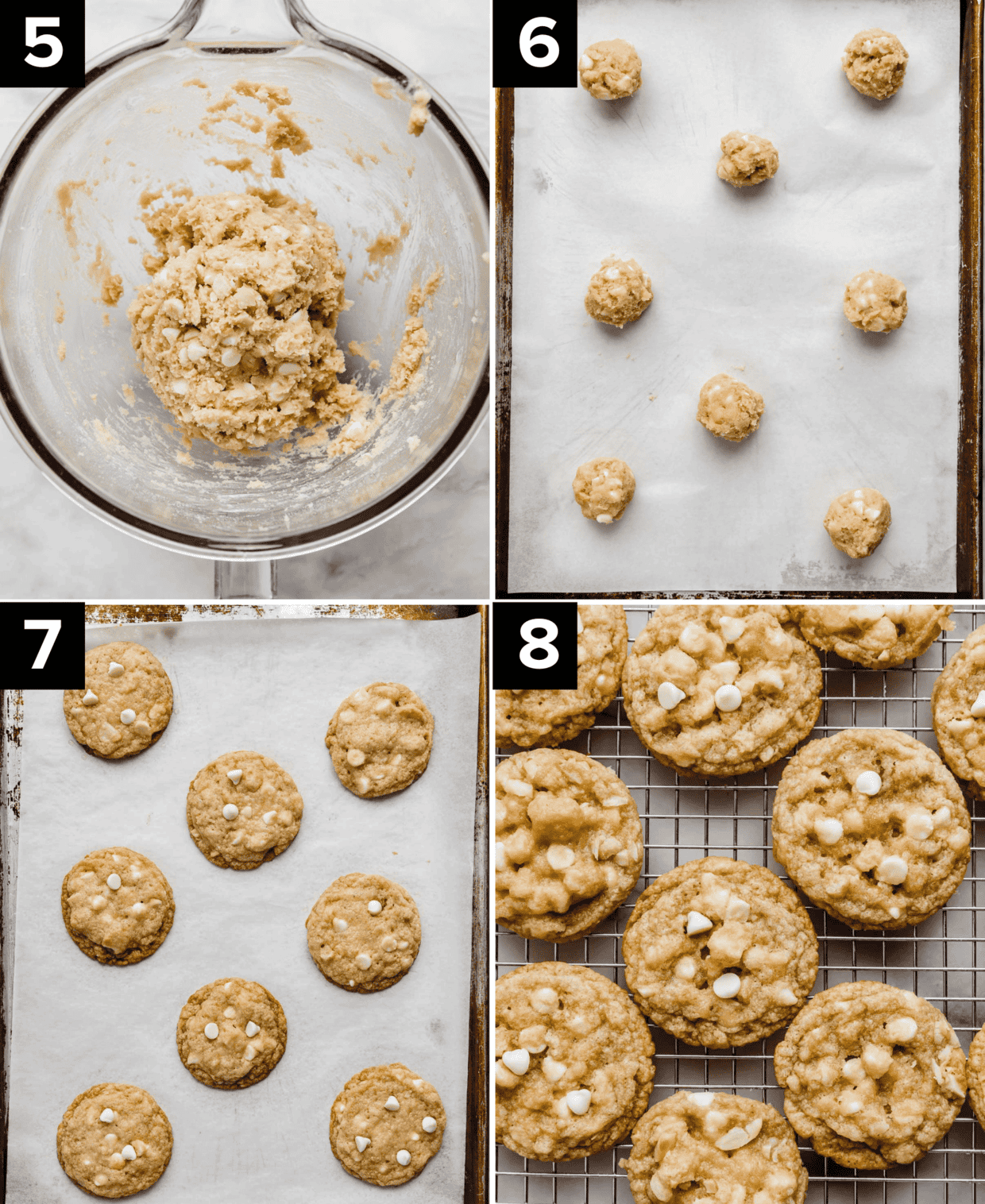 Top left image is White Chocolate Macadamia Nut Cookie dough in a glass bowl, top right is macadamia nut white chocolate chip cookie balls on a baking sheet, bottom left photo is baked white chocolate and macadamia nut cookies on a cookie sheet, and bottom right image is White Chocolate Macadamia Nut Cookies on a cooling rack.