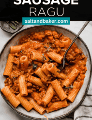 Italian sausage ragu in a gray bowl with the words, "Sausage Ragu" written in white text above the image.