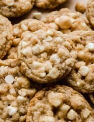 A small stack of White Chocolate Macadamia Nut Cookies.