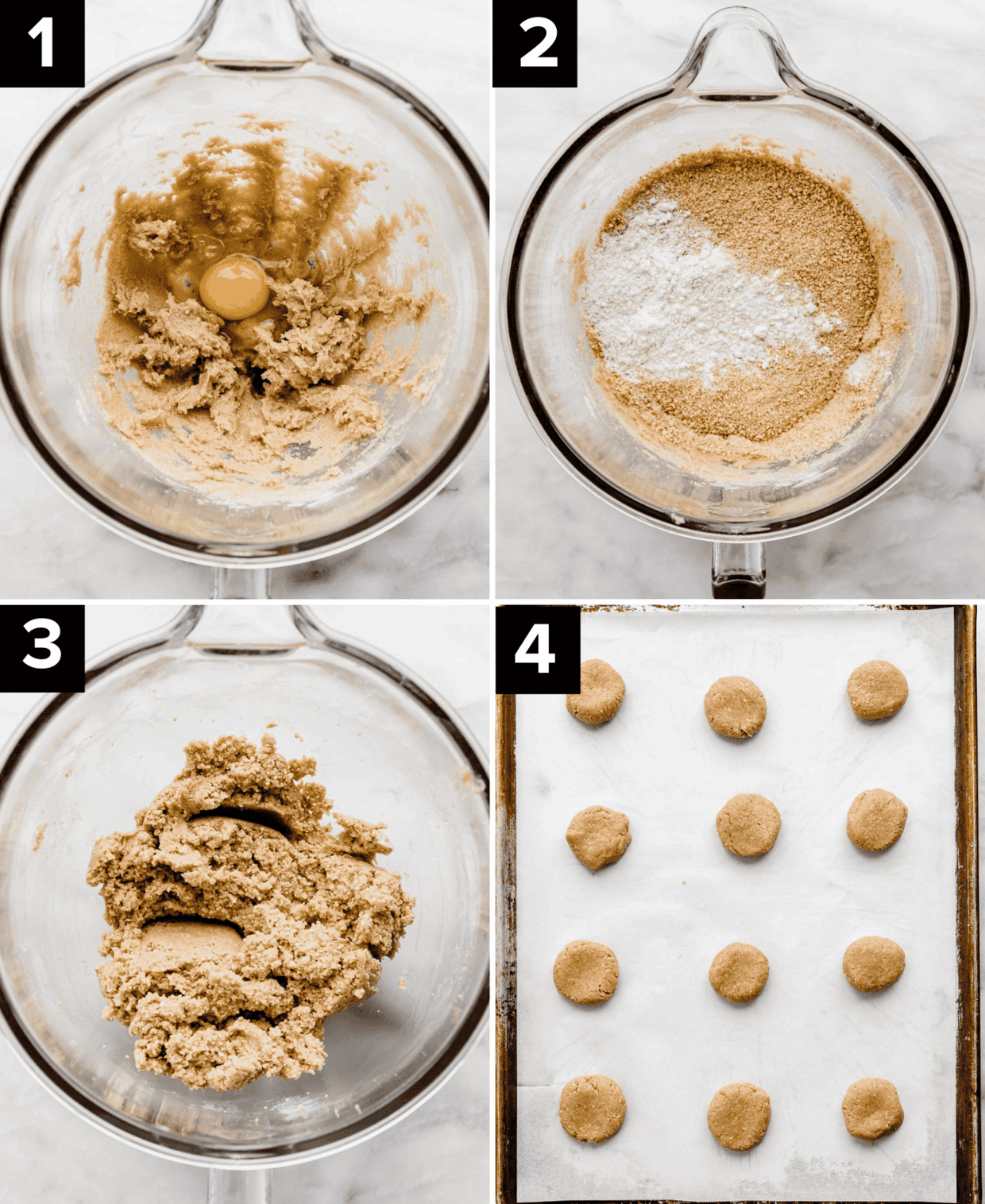 Four photos showing the process of how to make s'mores cookie dough that will be used to make S'mores Sandwich Cookies.