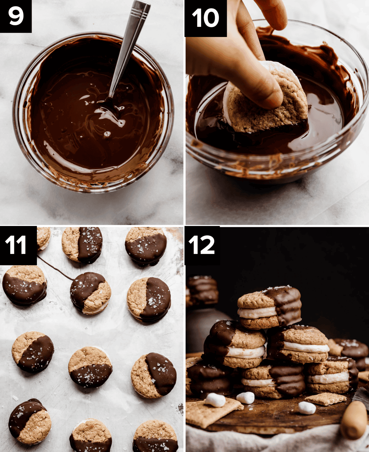 Four photos, top left is melted chocolate in glass bowl, top right has a hand dipping a S'mores Sandwich Cookie into melted chocolate, bottom left image is a s'mores cookie halfway covered in melted chocolate, and bottom right image is s'mores cookie sandwiches stacked against a black background.