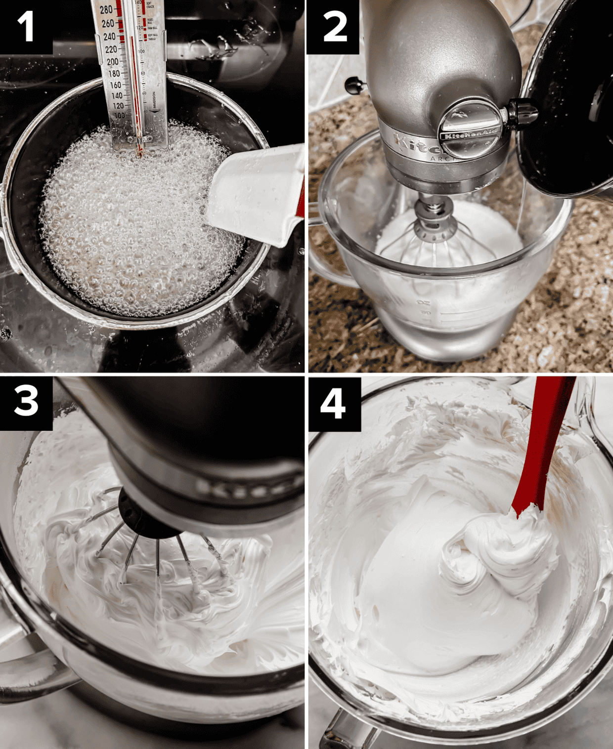 Four photos showing the process of how to make Homemade Marshmallow Cream (creme): top left is sugar, water, corn syrup and salt boiling, top right is egg whites whipped in a bowl, bottom left and right photos showing Homemade Marshmallow Cream in a glass bowl.