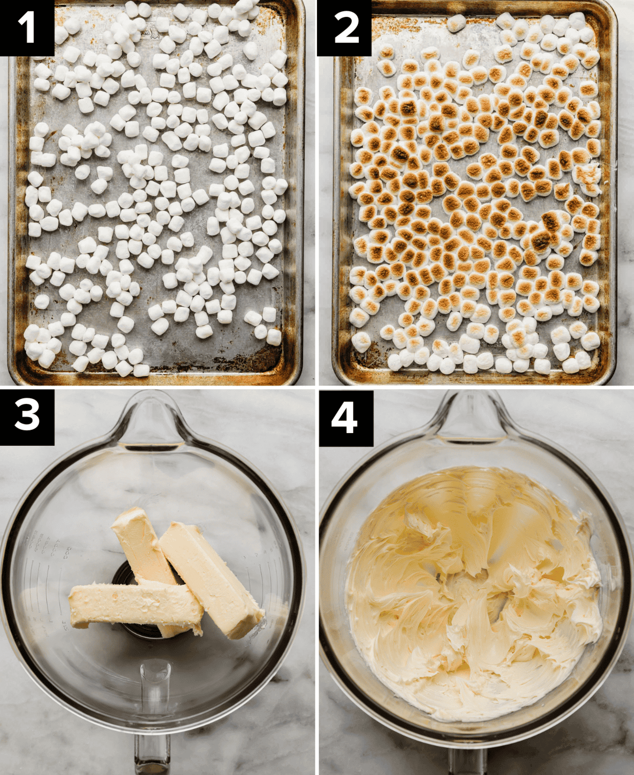 Four photos showing how to make toasted marshmallow frosting: top left image is mini marshmallows on a baking sheet, top right photo is toasted marshmallows on a baking sheet, bottom left image is butter in a glass bowl, bottom right is creamed butter in a glass bowl.