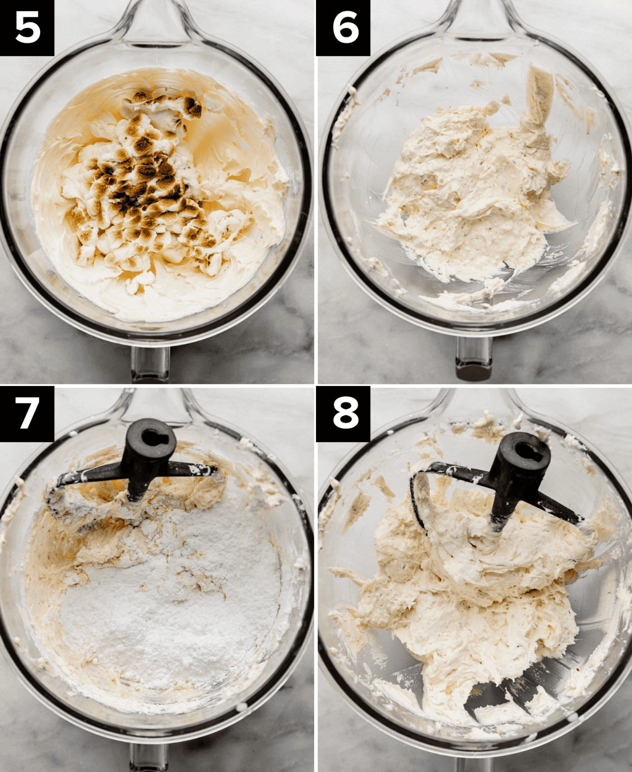 Four photos showing the process of making marshmallow frosting with toasted marshmallows. 