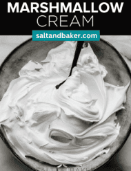 Homemade Marshmallow Cream recipe on a gray plate with the words, "Homemade Marshmallow Cream" written in white text above the photo.