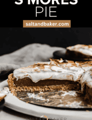 A photo of a S'mores Pie against a black background with the words, "S'mores Pie" written in white text.