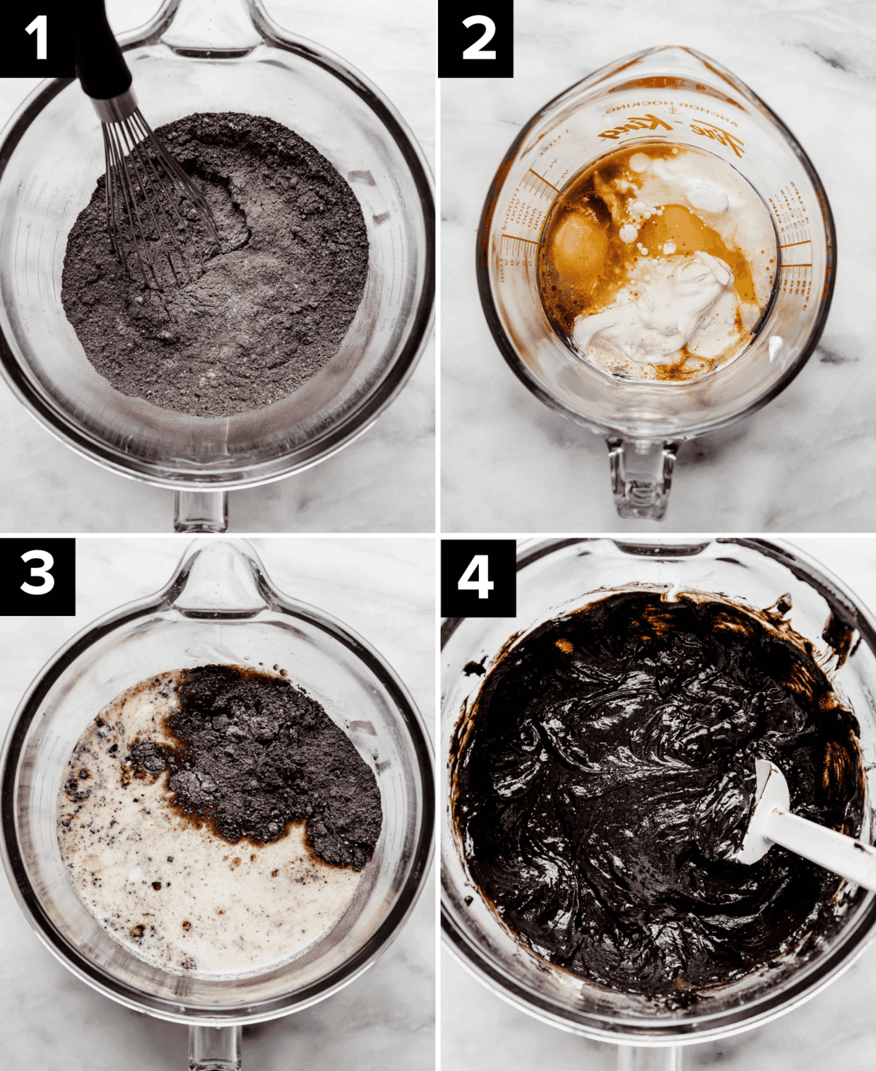 Four photos showing the process of making an Oreo Poke Cake recipe.