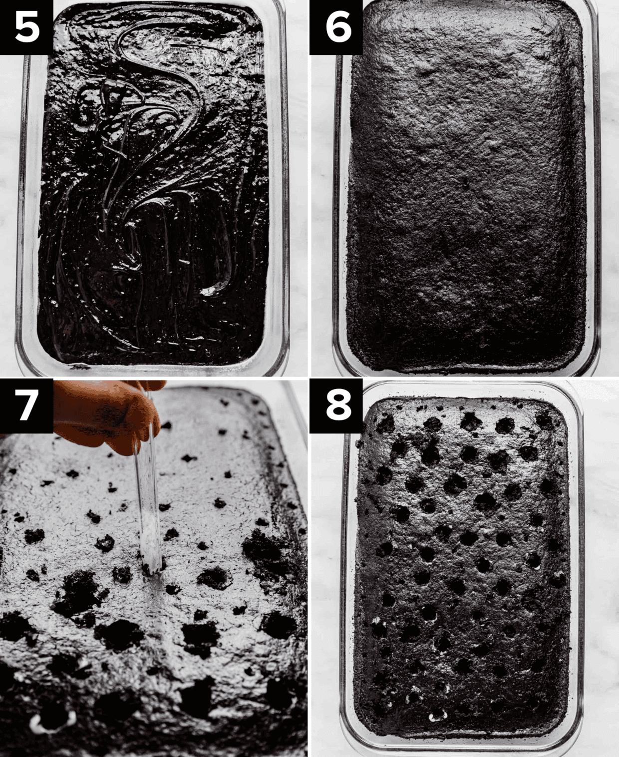 Four images, top left is black cake batter in a rectangle pan, top right is the cake baked, bottom left is a glass straw poking holes into the baked cake, and bottom right is overhead photo of a black cake with holes poked over the entire surface of the cake.