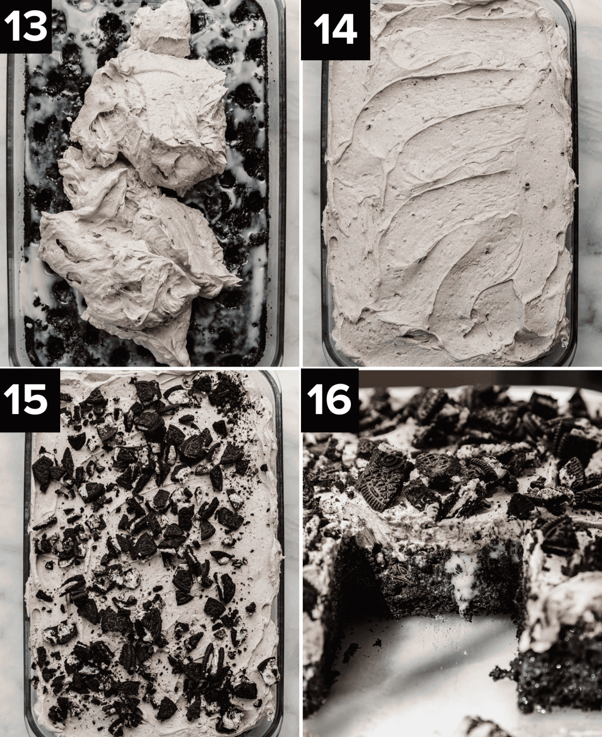 Top two photos are of an Oreo pudding frosting spread along surface of a black rectangle cake, bottom two photos are of crushed Oreos sprinkled overtop an Oreo Poke Cake, and then sliced into.