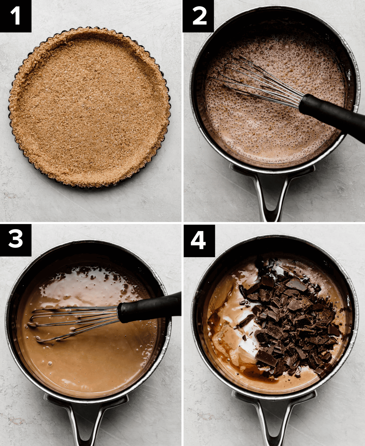 Top left photo is graham cracker crust in a circle tart pan, top right phot is cocoa and cornstarch whisked in a saucepan, bottom left image is a light brown pudding mixture in a saucepan, bottom right photo is chopped chocolate a top a brown pudding in a saucepan.