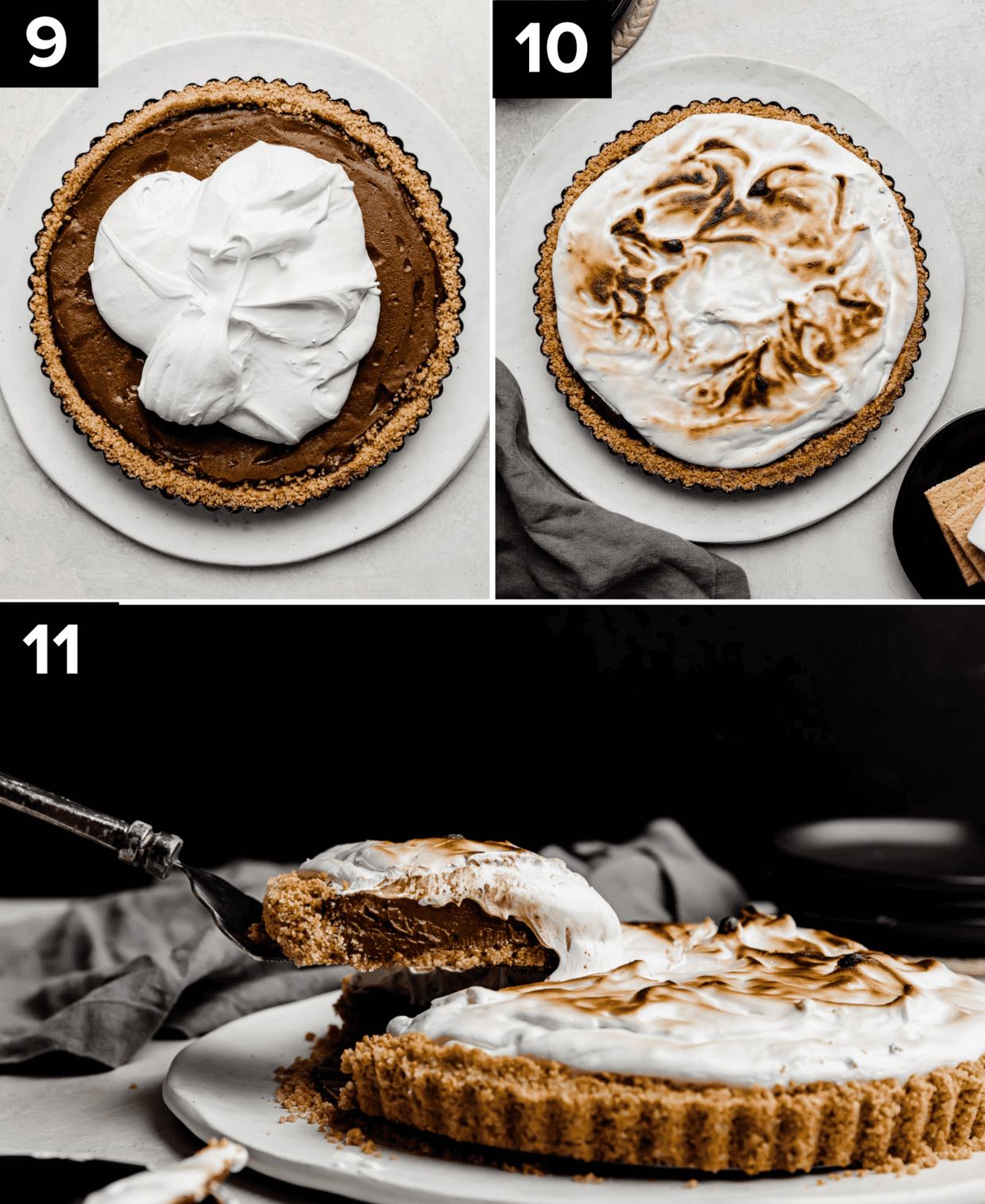 Three photos showing the making of the best S'mores Pie recipe: top left image is homemade marshmallow cream a top a chocolate pudding pie, top right image is toasted marshmallow smores pie, bottom image is a slice of S'mores Pie against a black background. 