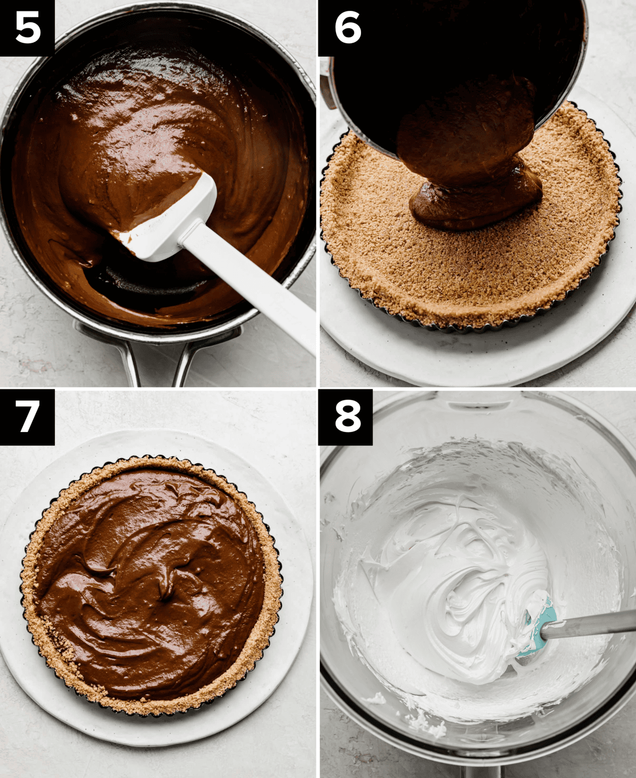 Four photos showing how to make a toasted S'mores Pie recipe: top left is chocolate pudding in a saucepan, top right photo is chocolate pudding poured overtop a graham cracker crust, bottom left image is a chocolate pudding evenly spread in a graham cracker crust, bottom right photo is homemade marshmallow cream in a glass bowl.