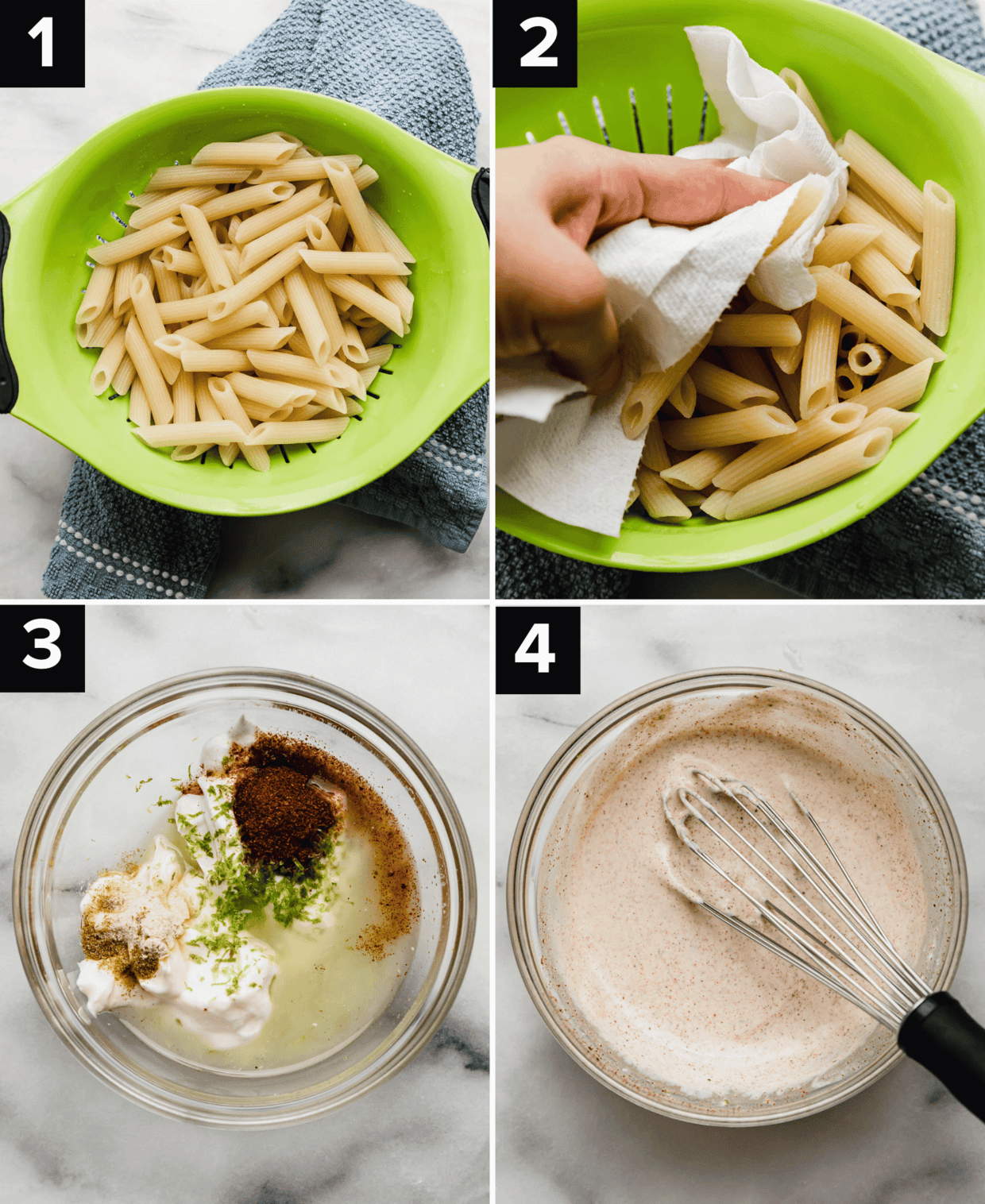 Four photos showing how to make the best Mexican Street Corn Pasta Salad, top images are of pasta in a green strainer, bottom left is mayo and sour cream mixture in a glass bowl, bottom right photo is a whisk mixing the Mexican Street Corn Pasta Salad dressing ingredients in a glass bowl.