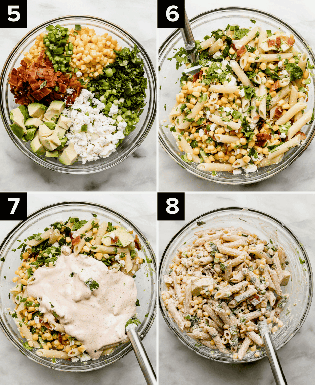 Four photos showing the process of making Mexican Street Corn Pasta Salad by adding the corn, cheese, and mix-ins, then it stirred together and then the mayo dressing added and mixed in.