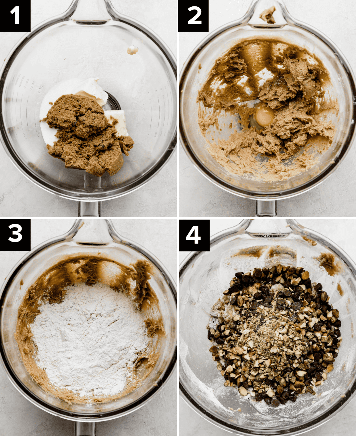 Four photos showing how to make Chocolate Chip Pistachio Cookie dough, top images are sugar and butter creamed, bottom images are flour added to dough and then chocolate chips and pistachios in the bowl.