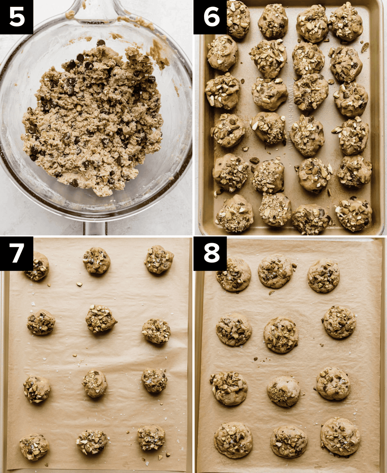 Four photos showing the making of Chocolate Chip Pistachio Cookies, top left is Chocolate Chip and Pistachio Cookie dough in a bowl, top right is cookie dough balls lined up on baking sheet, bottom left is cookie dough balls on Kraft parchment prior to baking, bottom right photo is baked Chocolate Chip and Pistachio Cookies.