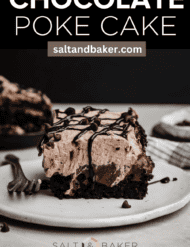 Chocolate cake with pudding and chocolate whipped topping, with the words, "Chocolate Poke Cake" written in white text above the photo.