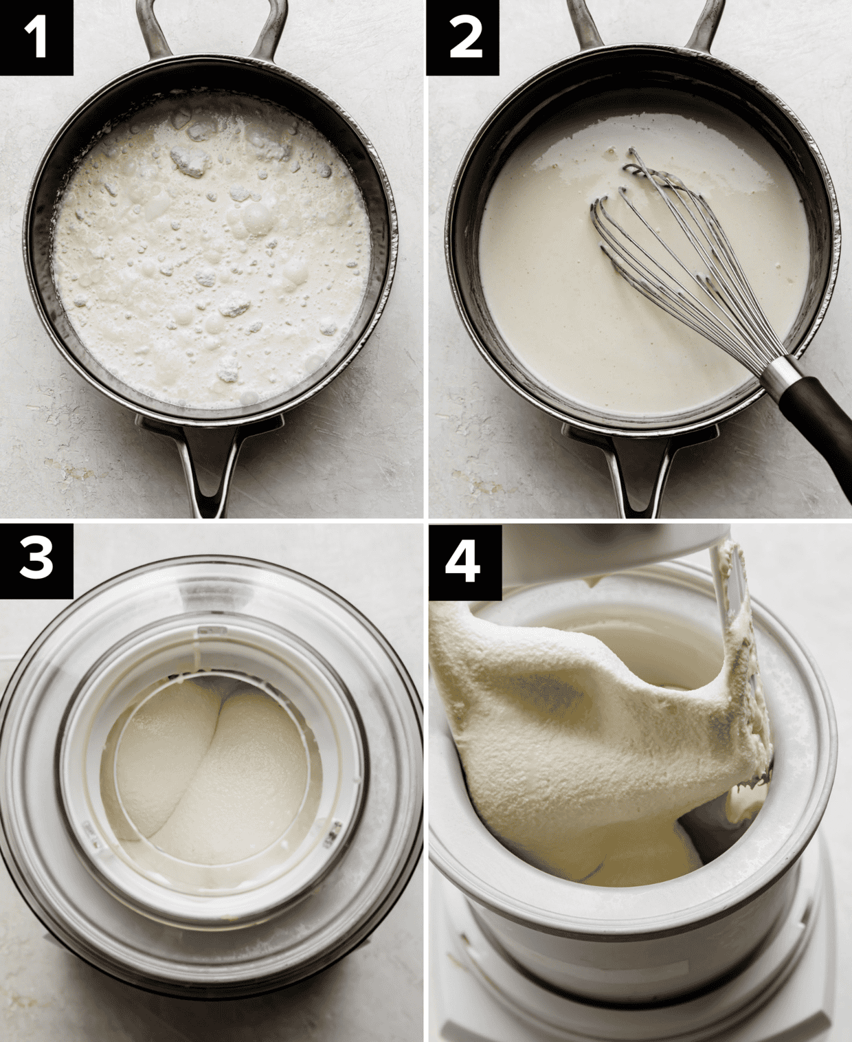 Four photos showing how to make the best Birthday Cake Ice Cream (cake batter ice cream recipe) top left image is white mixture in a black pot, top right photo is a whisk stirring the white mixture in a pot, bottom left image is ice cream churning, bottom right image is churned cake batter ice cream.