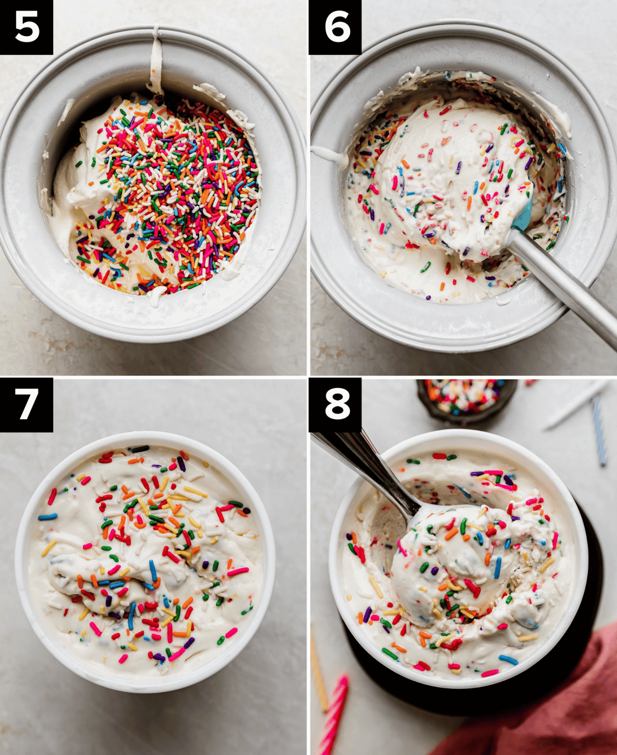 Four photos, top left is colorful sprinkles a top Birthday Cake Ice Cream in an ice cream maker, top right is a spatula mixing sprinkles into cake batter ice cream, bottom left is birthday cake ice cream in a round container, bottom right is an ice cream scoop scooping out sprinkle ice cream. 