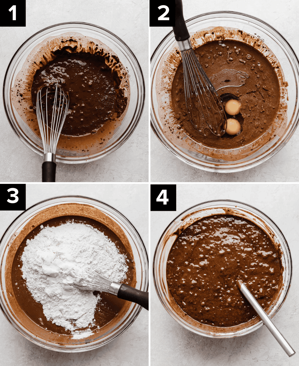 Four photos showing the making of homemade chocolate cake, top photos are a glass bowl with brown wet ingredients and then bottom photos are of dry ingredients added then mixed.