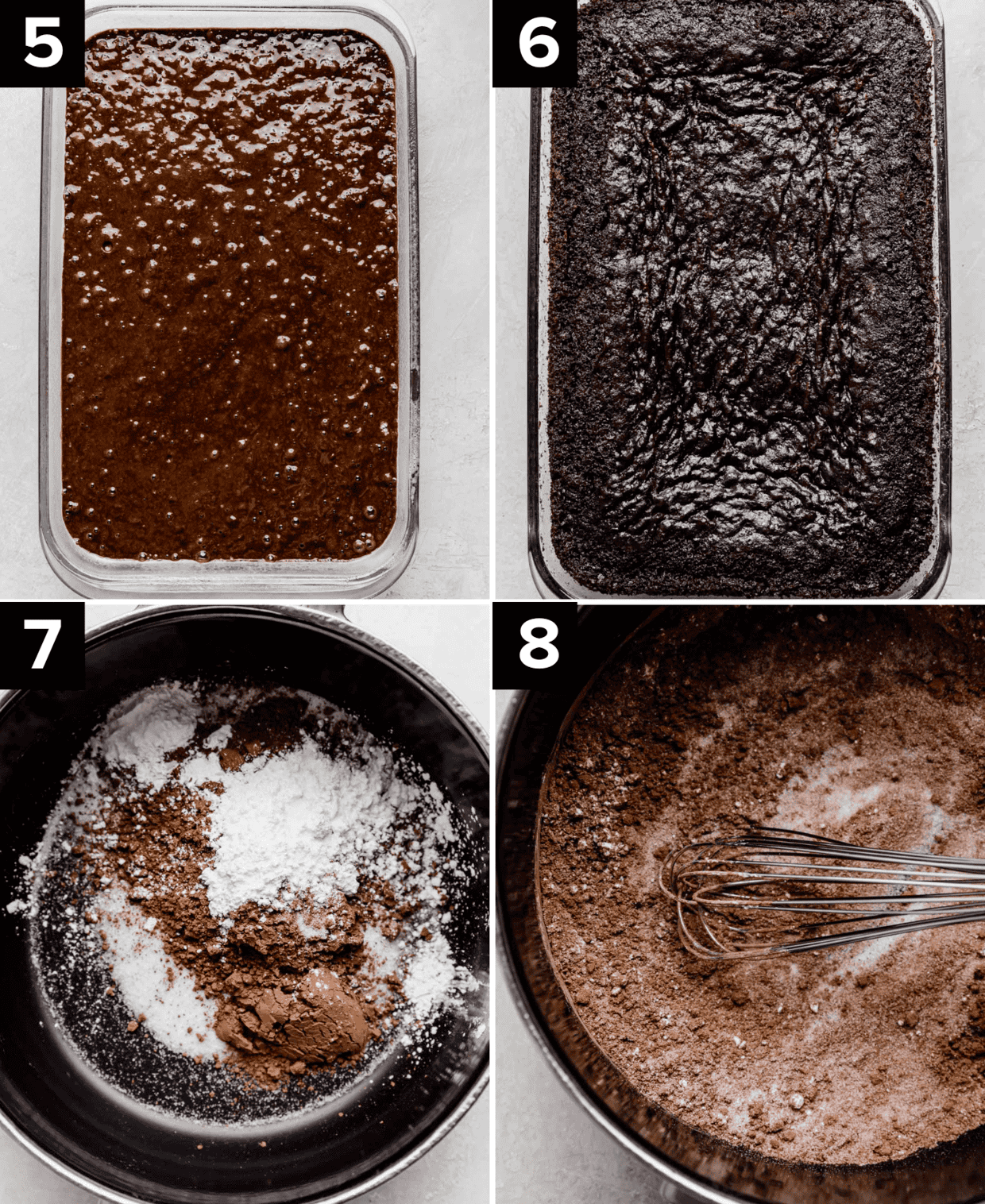 Top left photo is wet chocolate cake batter in a 9x13 pan, top right is a baked chocolate cake in a 9x13 pan, bottom left is saucepan with cocoa, cornstarch and sugar, bottom right is the dry ingredients whisked in a saucepan.