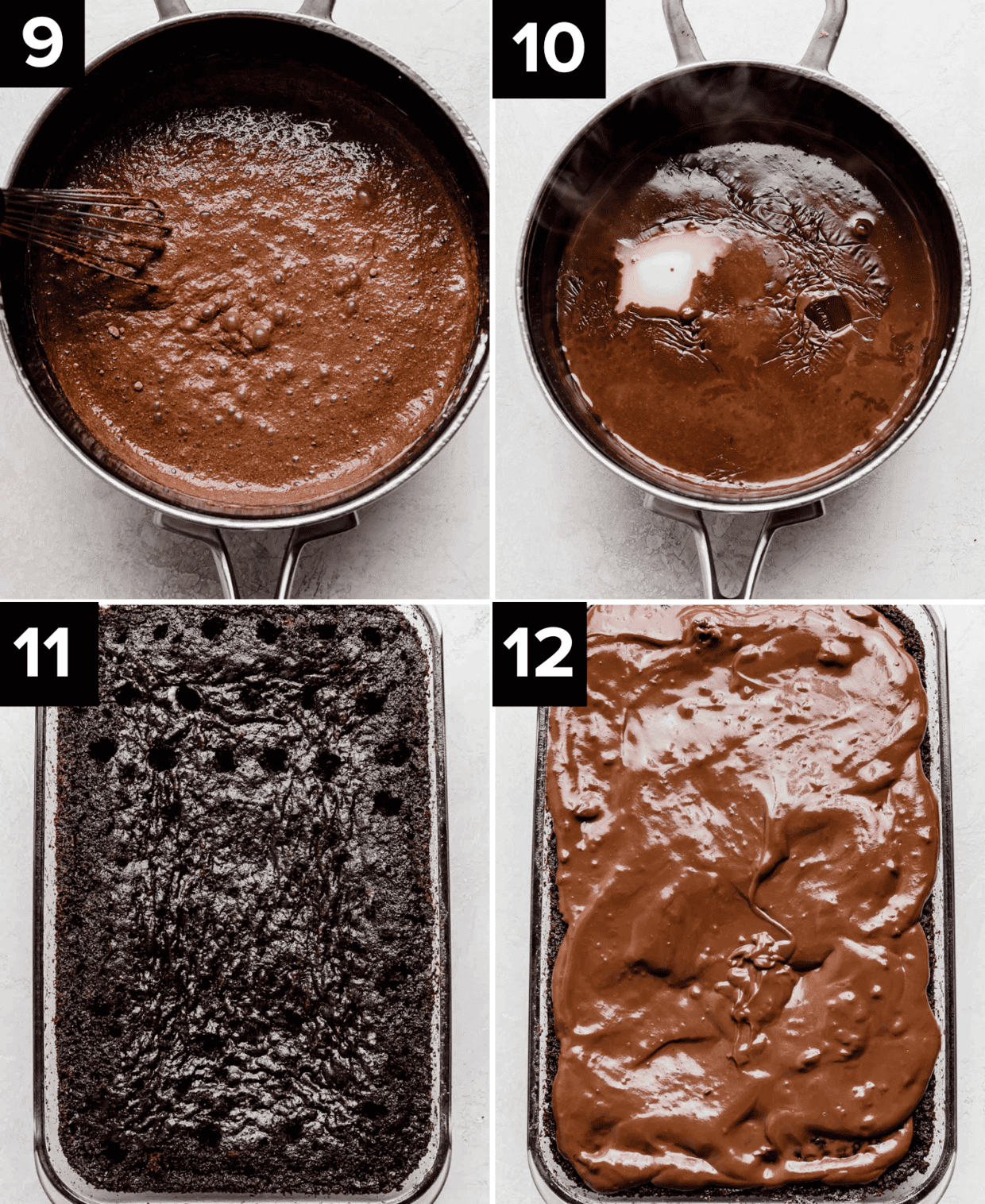 Top two photos are chocolate pudding being made in a saucepan, bottom left is a chocolate cake in a 9x13 with holes poked all over it, bottom right is chocolate pudding poured over the chocolate cake.