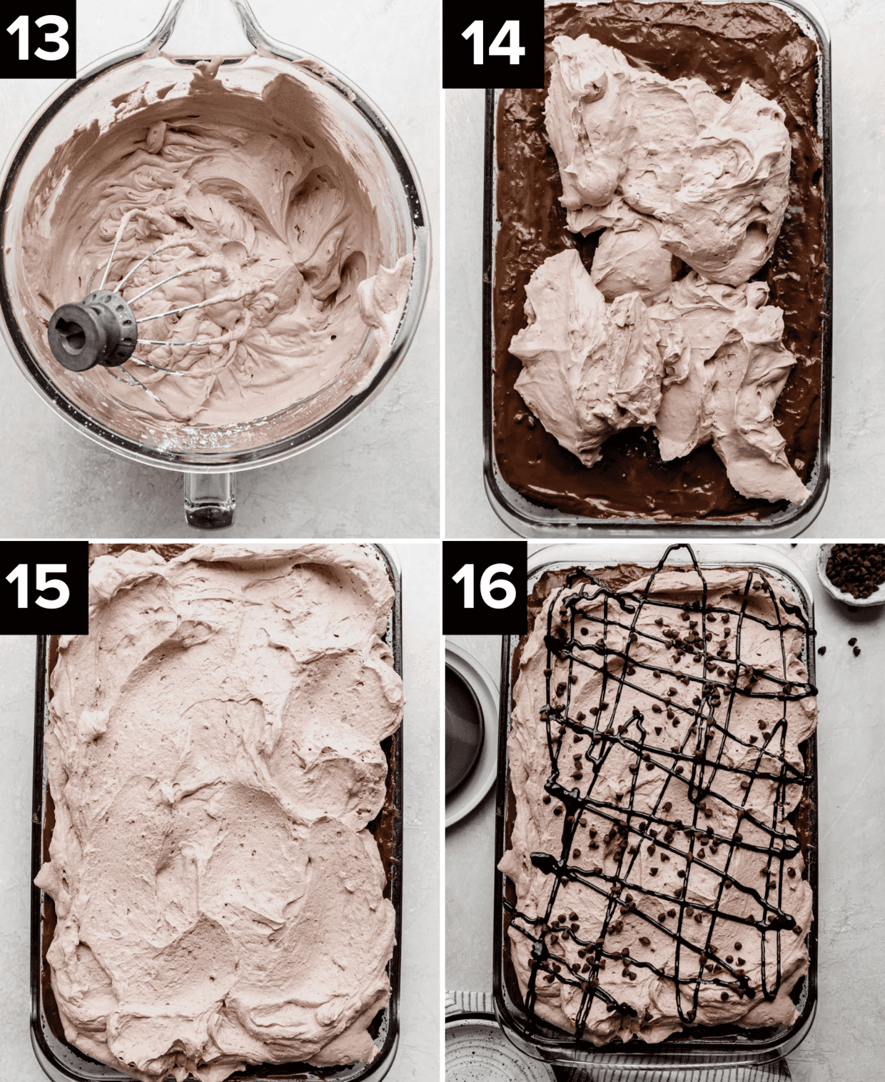 Top left image is chocolate whipped cream in a glass bowl, top right is chocolate cake with dollops of chocolate cream, bottom left image is chocolate whipped cream spread along a chocolate cake, bottom right is a Chocolate Poke Cake with drizzled chocolate and mini chocolate chips overtop. 