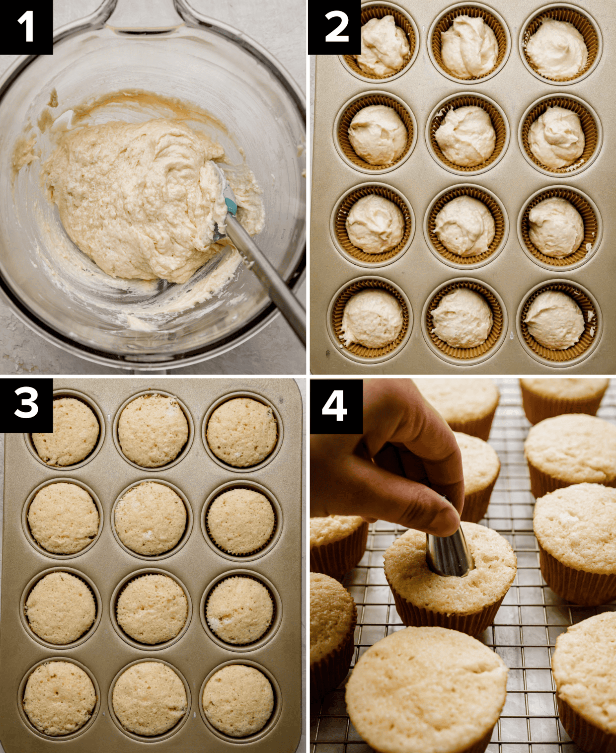 Four photos, top left is vanilla cupcake batter in a glass bowl, top right is cupcake batter portioned into cupcake liners, bottom left image is baked vanilla cupcakes in cupcake pan, bottom right image is a metal piping tip pressing into the center of a cupcake.