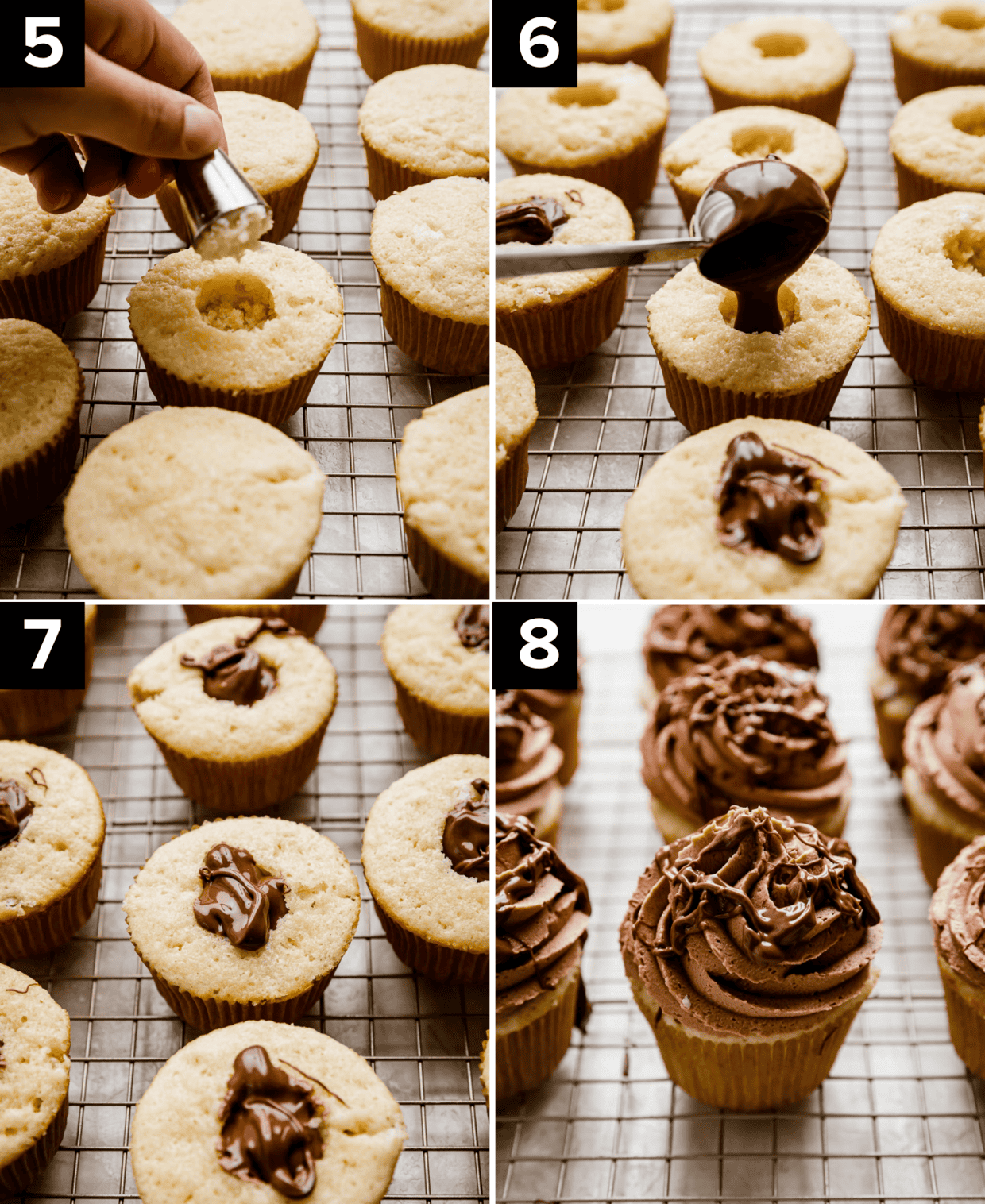 Four photos showing how to make Nutella cupcakes, top two photos are coring a cupcake and filling the hole with Nutella, bottom left photo is Nutella filled cupcakes on wire rack, bottom right image is Nutella frosting swirled on a vanilla Nutella cupcake.