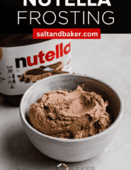 Nutella buttercream in a white bowl with the words, "Nutella Frosting" written in white text above the photo.