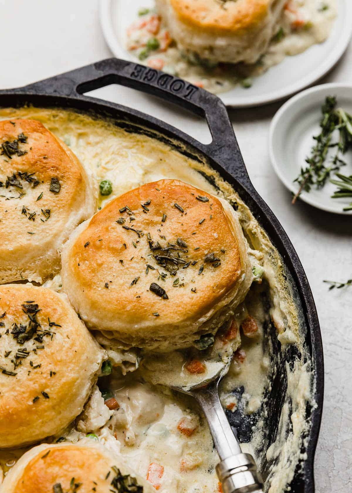 Flaky biscuits atop a chicken pot pie filling in a cast iron skillet on a light gray background.